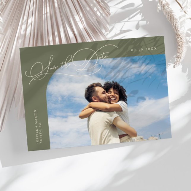 Elegant Script Sage Green Curved Frame Photo Save The Date (Creator Uploaded)