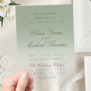 Elegant Script Sage Green Gradient Wedding Acrylic Invitations