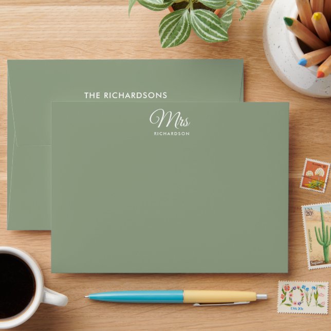 Elegant Script Sage Green Mrs. Name Return Address Envelope (Desk)