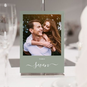 Elegant Script Sage Green Photo Table Number
