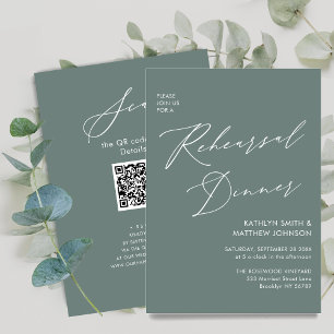 Elegant Script Sage Green Rehearsal Dinner QR code Invitation