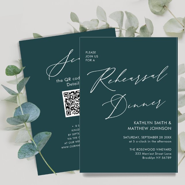 Elegant Script Sage Green Rehearsal Dinner QR code Invitation (Creator Uploaded)