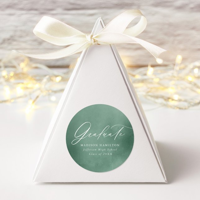 Elegant Script Sage Green Watercolor Graduation Classic Round Sticker (Creator Uploaded)