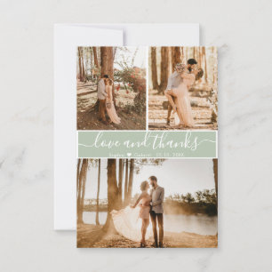Elegant Script Sage Green Wedding 3 Photo Collage Thank You Card