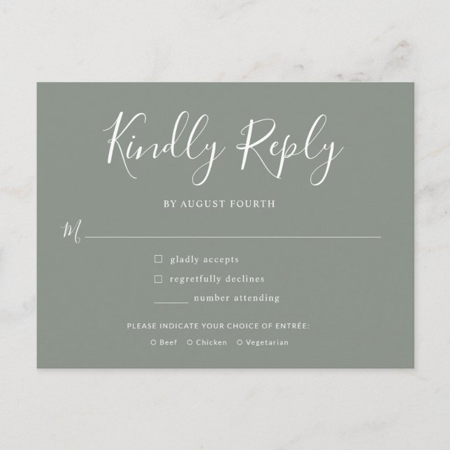 Elegant Script Sage Green Wedding RSVP Invitation Postcard (Front)