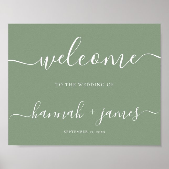 Elegant Script Sage Green Wedding Welcome Sign (Front)