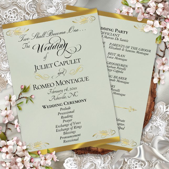 Elegant Script - Sage Pearl/Gold Wedding Programme (Creator Uploaded)