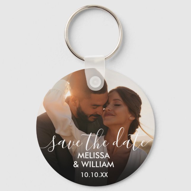 Elegant Script Save The Date Photo Key Ring (Front)