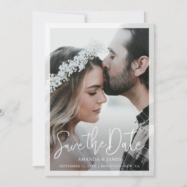 Elegant Script Semi-Transparent Border Photo Save The Date (Front)