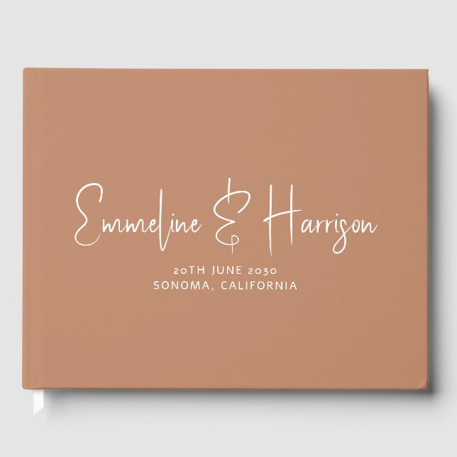 Elegant Script Serif Custom Caramel Wedding Guest Book (Front)