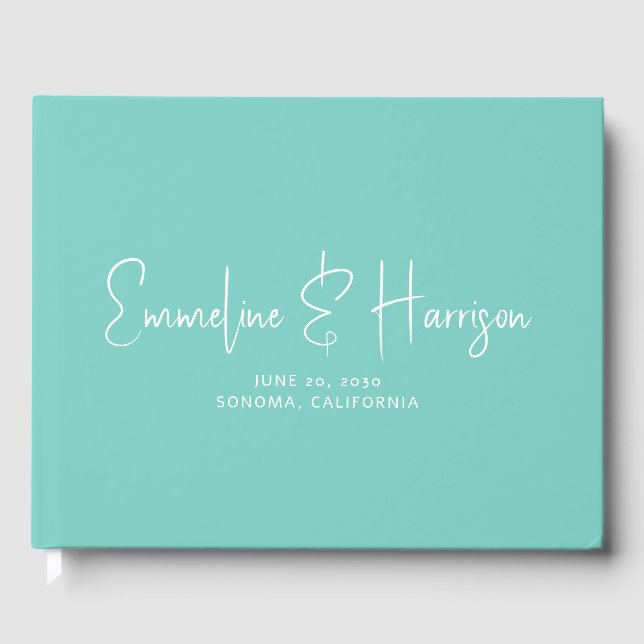 Elegant Script Serif Custom Light Teal Wedding Guest Book (Front)