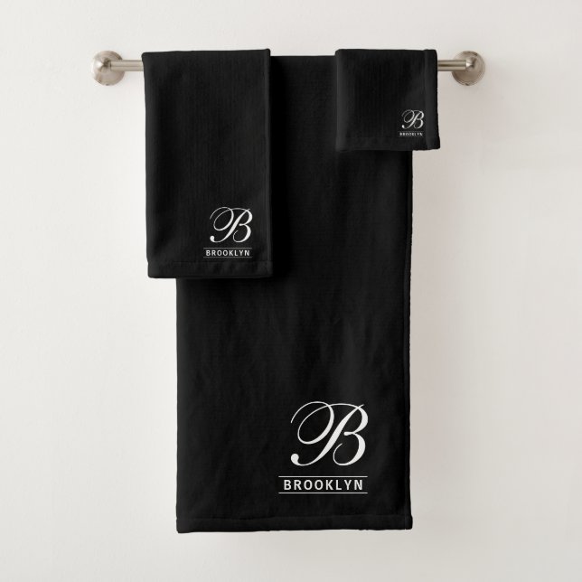 Elegant Script Serif Monogram Black Bath Towel Set (Insitu)