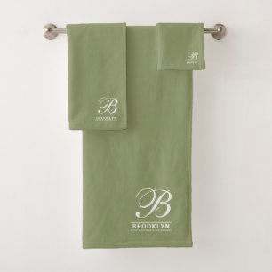 Elegant Script Serif Monogram Sage Green Bath Towel Set