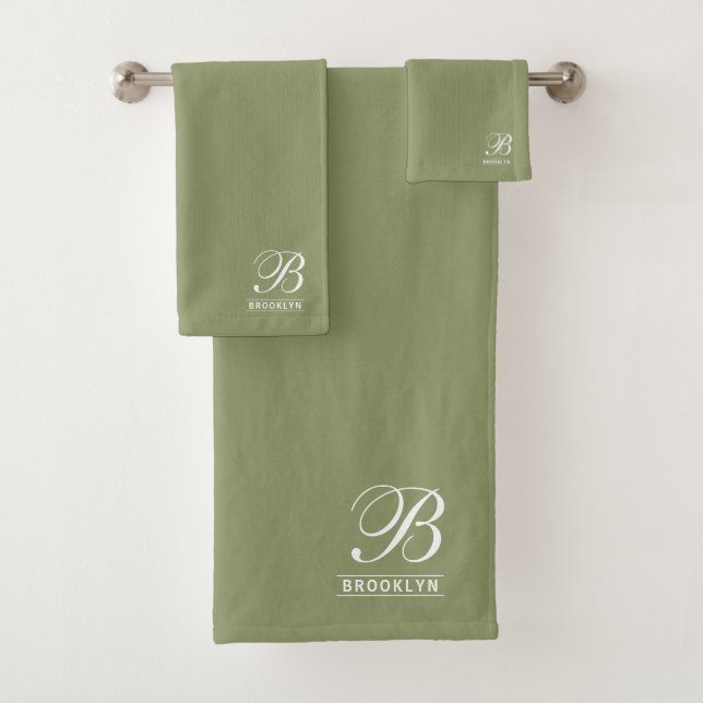 Elegant Script Serif Monogram Sage Green Bath Towel Set (Insitu)