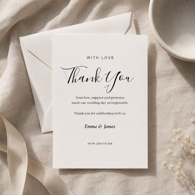 Elegant Script + Serif Wedding Thank You Card (Elegant script typography with timeless luxury wedding style.)