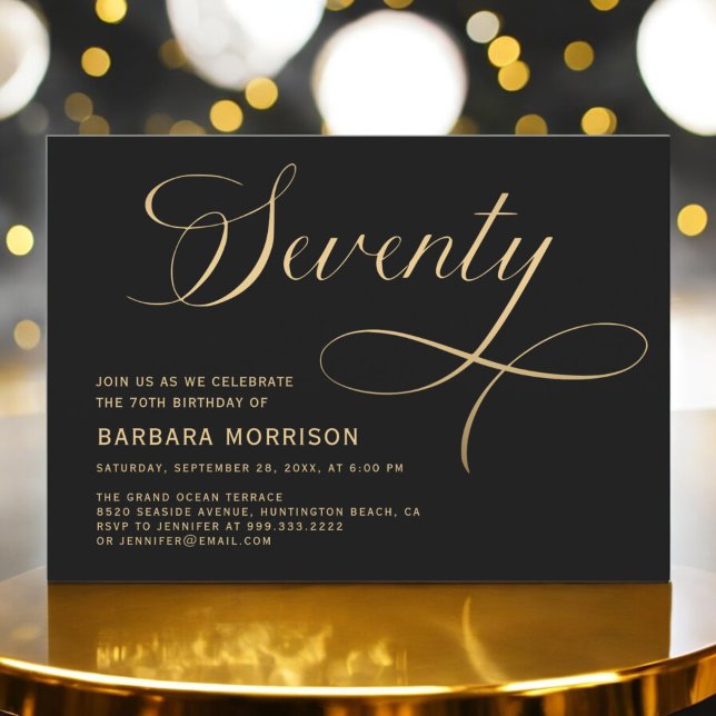 Elegant Script Seventy Black Gold 70th Birthday Invitation (Creator Uploaded)