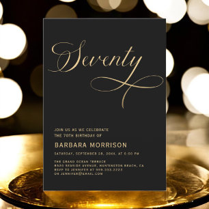 Elegant Script Seventy Black Gold 70th Birthday Invitation
