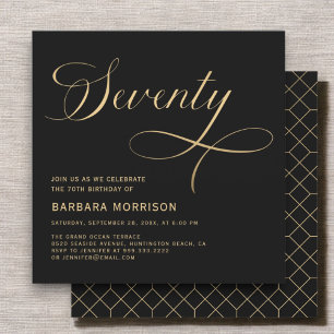 Elegant Script Seventy Black Gold 70th Birthday Invitation