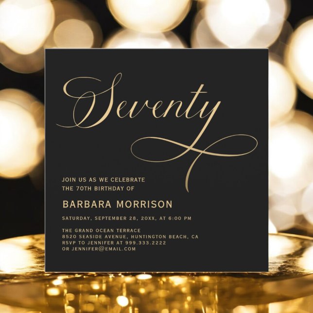 Elegant Script Seventy Black Gold 70th Birthday Invitation (Creator Uploaded)