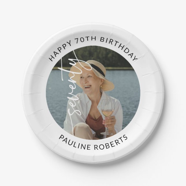 Elegant Script Seventy Photo 70th Birthday Paper Plate (Front)