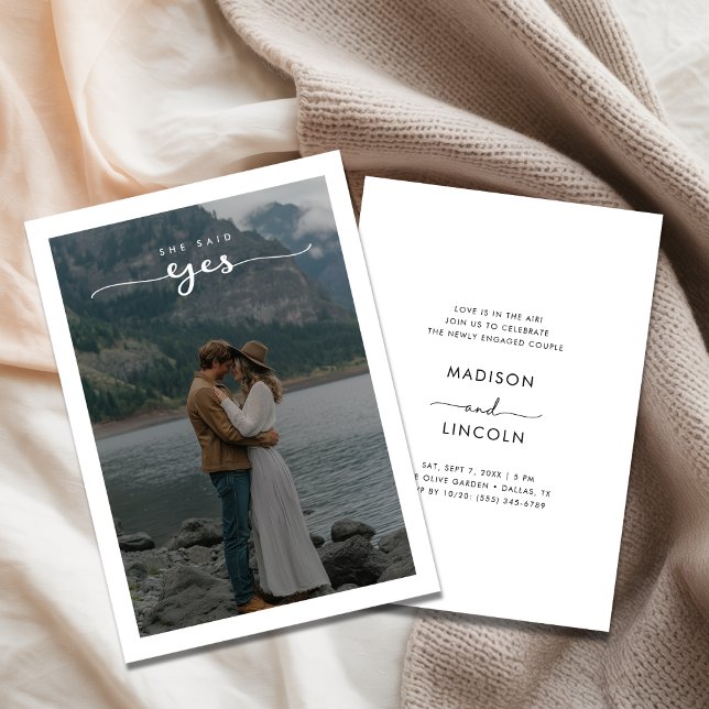 Elegant Script She Said Yes Engagement Lake Photo Invitation (Creator Uploaded)