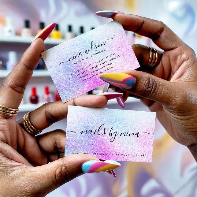 Elegant script signature holographic pink glitter business card (Elegant script signature holographic pink glitter)