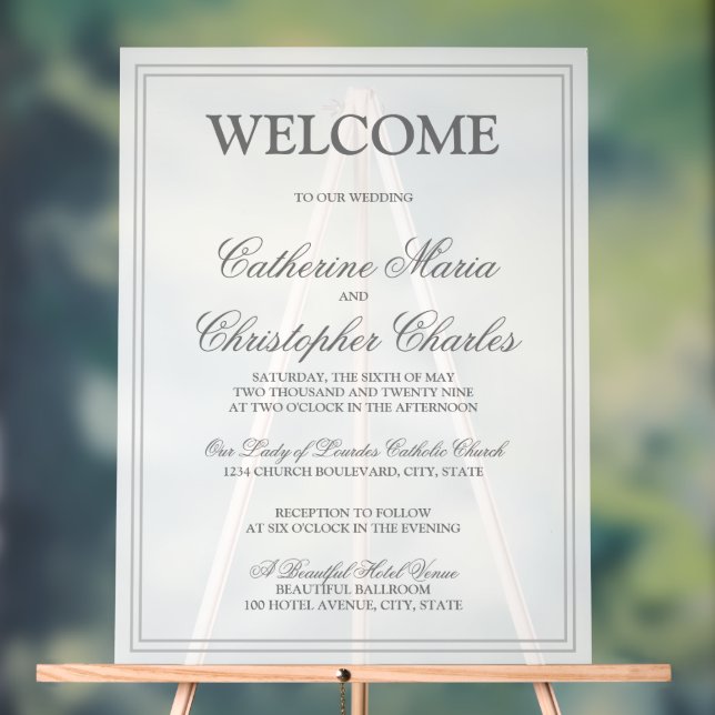 Elegant Script Silver Border Wedding Welcome Acrylic Sign (Neutral)