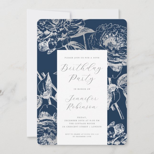 Elegant Script Silver Floral Birthday Party Navy  Invitation (Front)