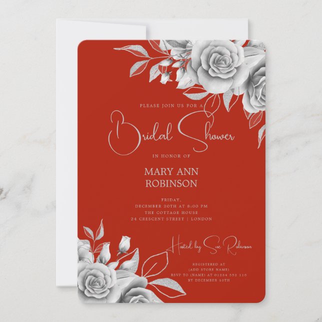 Elegant Script Silver Floral Bridal Shower Red  Invitation (Front)