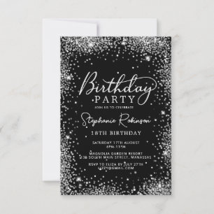 Elegant Script Silver Glitter Black 18th Birthday  Invitation