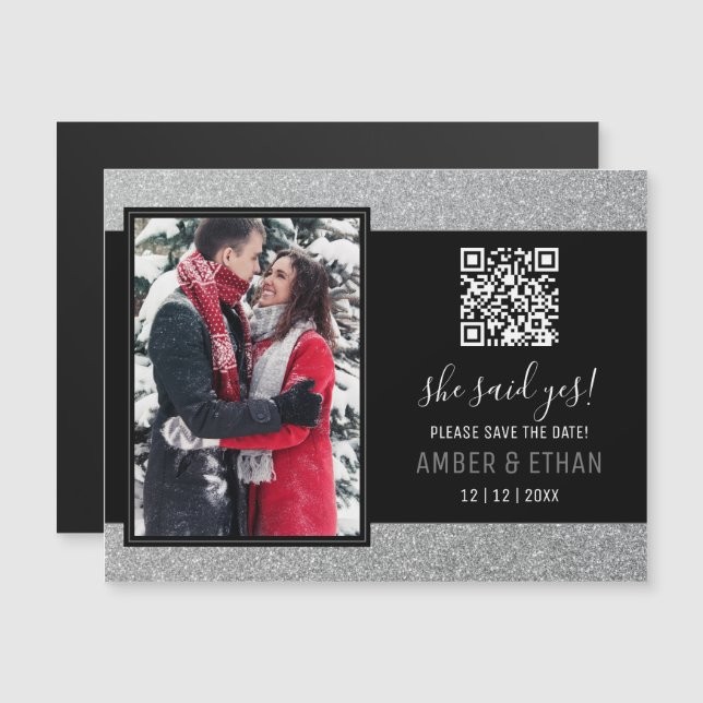 Elegant Script Silver Glitter Photo Save the Date (Front/Back)