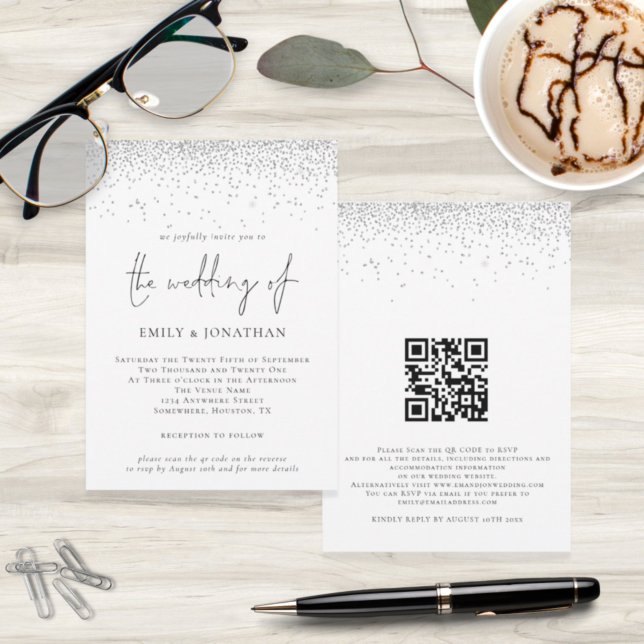 Elegant Script Silver Glitter QR Code Wedding Invi Invitation (Creator Uploaded)