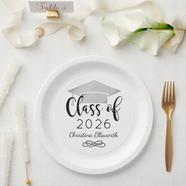 Elegant Script Silver Graduation Party Paper Plate (Wedding)
