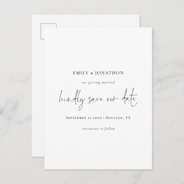 Elegant Script Simple Black White Save The Date In Invitation Postcard (Front/Back)