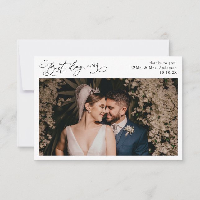 Elegant Script Simple Black & White Wedding Photo Thank You Card (Front)