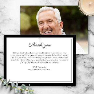 Elegant Script Simple Cross Custom Funeral Photo Thank You Card