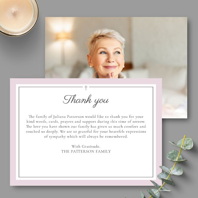 Elegant Script Simple Cross Custom Funeral Photo Thank You Card (Creator Uploaded)