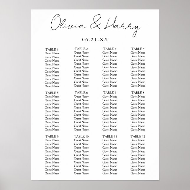 Elegant Script Simple Modern Wedding Seating Chart (Front)