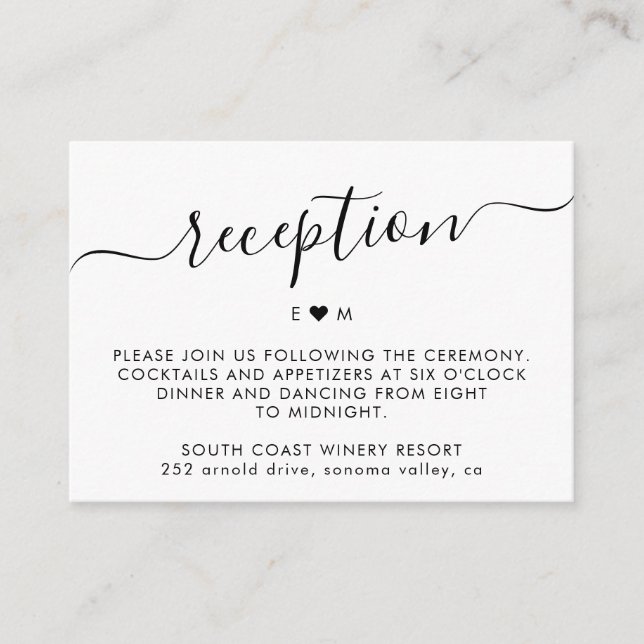 Elegant Script Simple Monogram Wedding Reception Enclosure Card (Front)