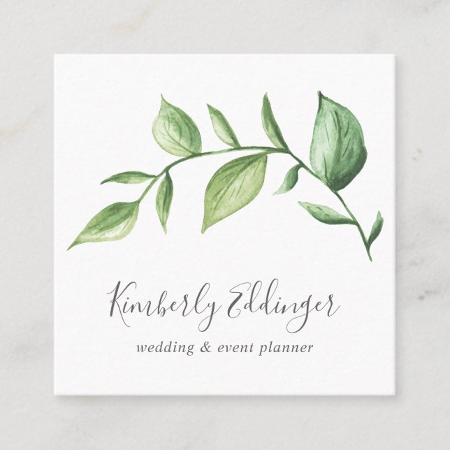 Elegant Script Simple Rustic Greenery Botanical Square Business Card (Front)