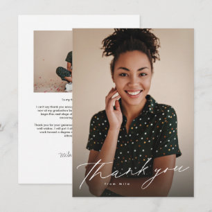 Elegant script simple two photo graduation thank you card