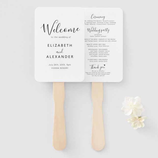 Elegant Script Simple Wedding Ceremony Program Hand Fan (Front and Back)