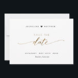 Elegant Script Simple Wedding Save the Date Card<br><div class="desc">Announce your wedding date with this beautiful wedding save the date card. Modern hand written Script details through out. Simple and clean style. White and black design with a touch of gold with Script and block typography in golden hue on phrase "Save the Date". Area on the back for your...</div>