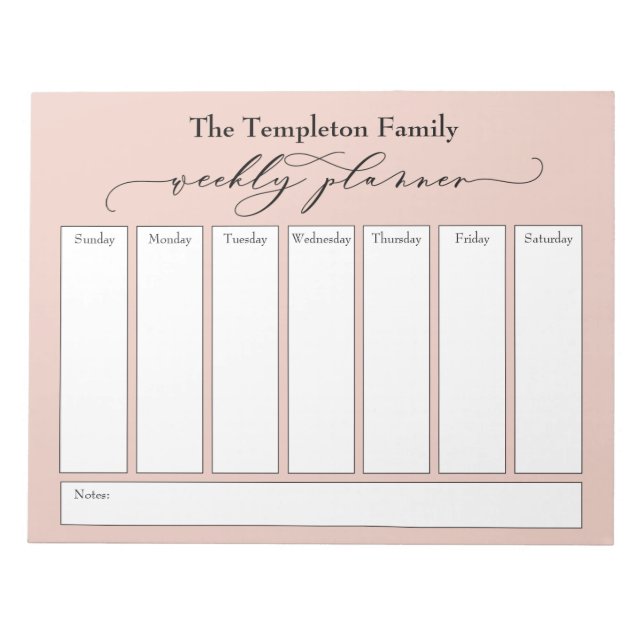 Elegant Script Simple Weekly Planner, Blush Notepad (Front)