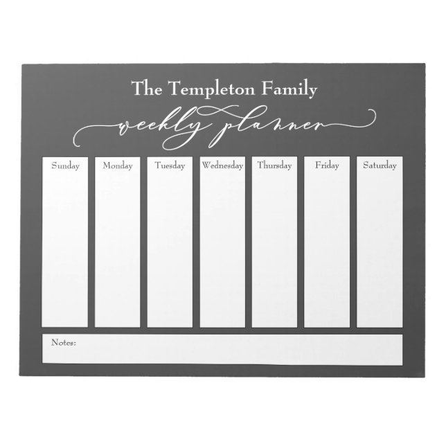 Elegant Script Simple Weekly Planner, Dark Grey Notepad (Front)