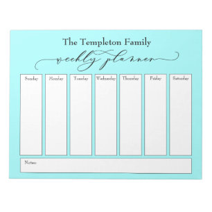 Elegant Script Simple Weekly Planner, Light Aqua Notepad