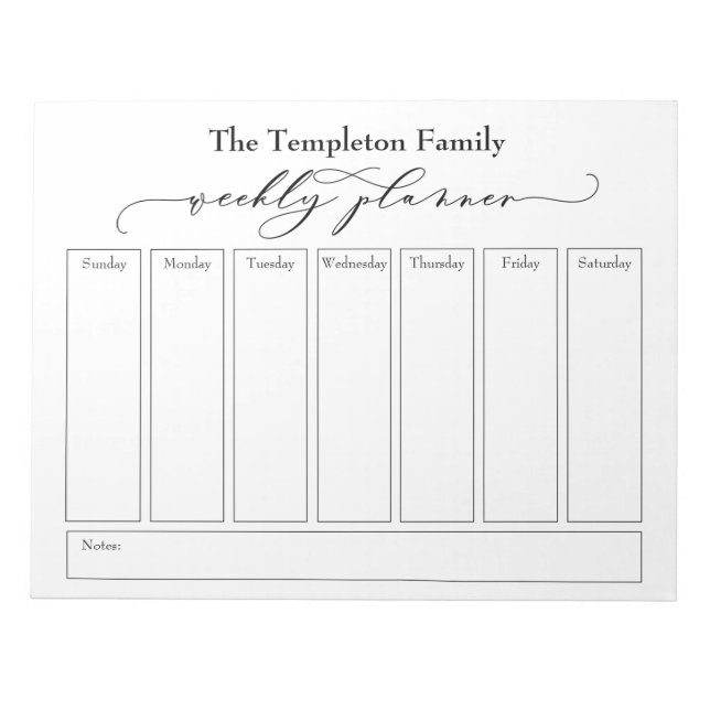 Elegant Script Simple Weekly Planner, White Notepad (Front)