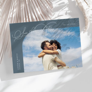 Elegant Script Slate Blue Curved Frame Photo Save The Date