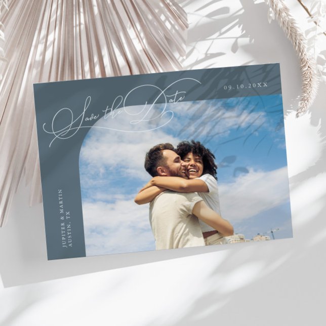 Elegant Script Slate Blue Curved Frame Photo Save The Date (Creator Uploaded)