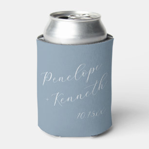 Elegant Script Soft Dusty Blue Wedding Custom  Can Cooler